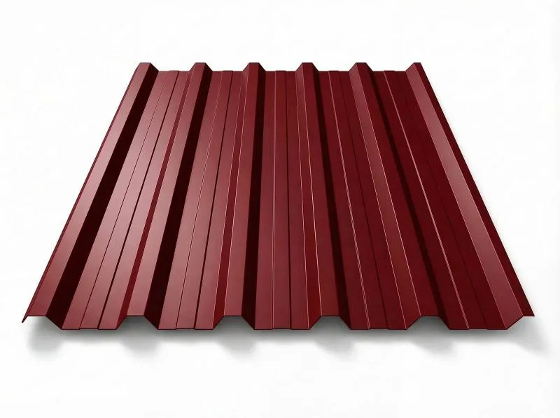 Freigestelltes Trapezblech T-35DR in RR028 Kirschrot, tiefes dunkelrotes Finish, perspektivische Draufsicht auf weißem Hintergrund